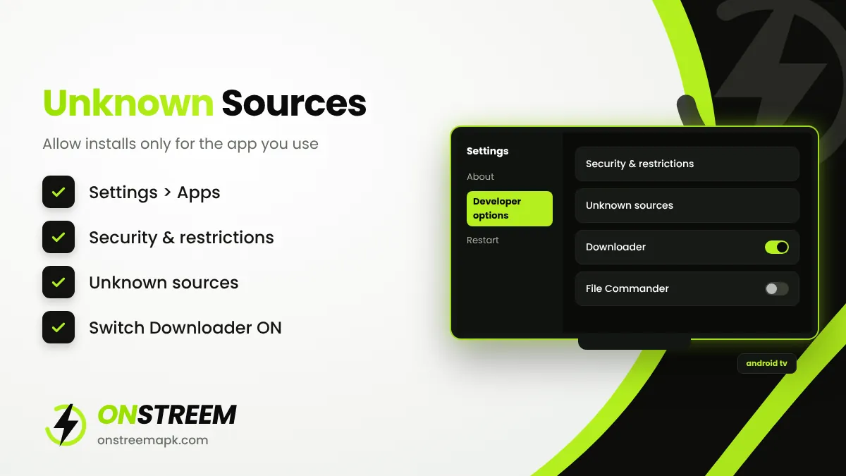 Android TV unknown sources setting for OnStream APK