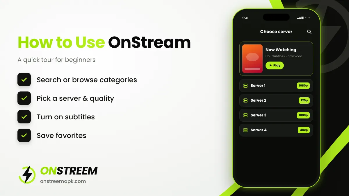 OnStream app home screen with movies and TV shows